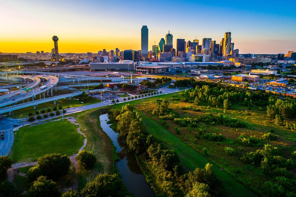 The Dallas skyline seen from the south on a clear evening.