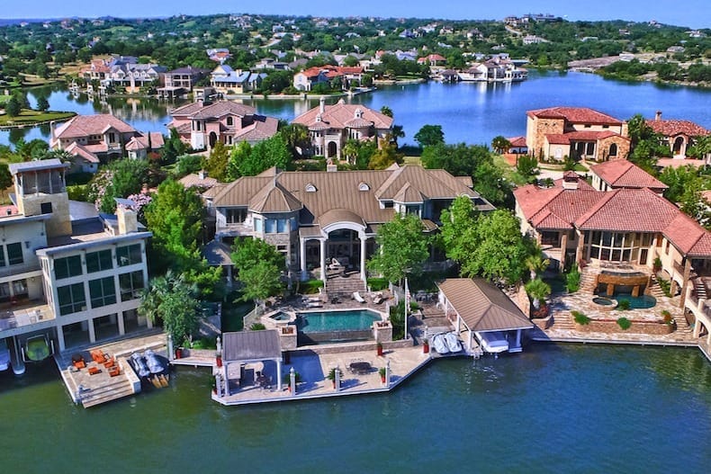 Lake LBJ on a clear day, open water with the Hill Country rising behind it