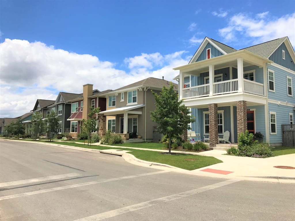 The Mueller district, modern homes and Mueller Lake Park on the former airport site
