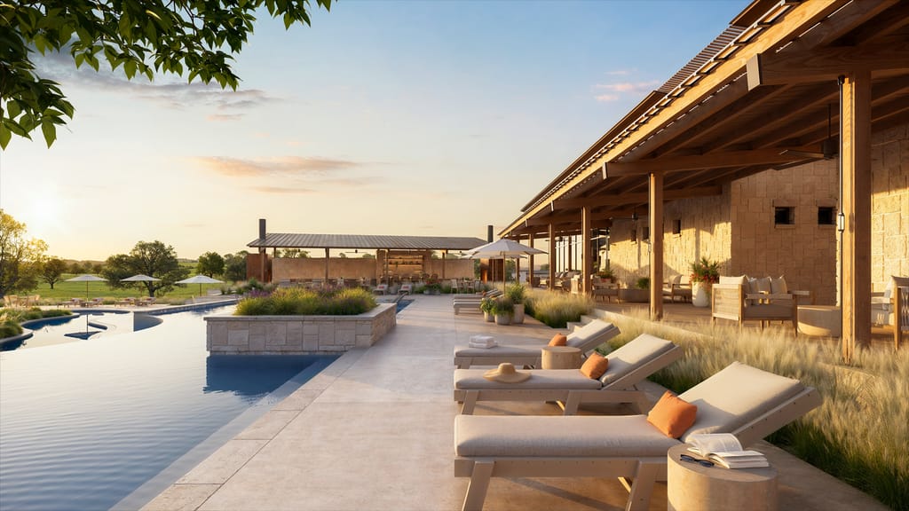 Architectural rendering of the Hye Springs Ranch amenity center, an infinity pool and a stone pavilion looking west over open Hill Country at sunset